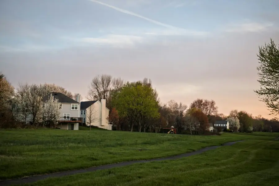 A suburban street at dusk